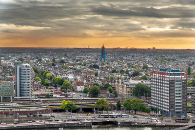 High angle view of cityscape against sky during sunset