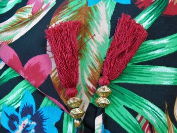 High angle view of multi colored umbrellas on table