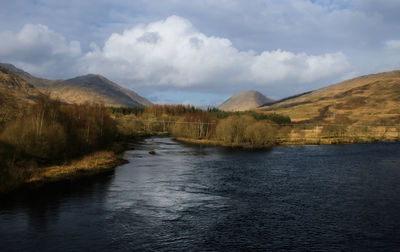 Scenic view of lake and mountains against sky