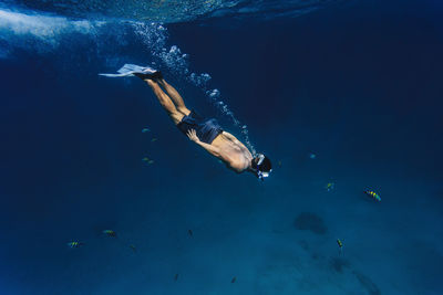 Man swimming underwater with fish in sea