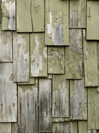 Full frame view of weathered wood shingles on building