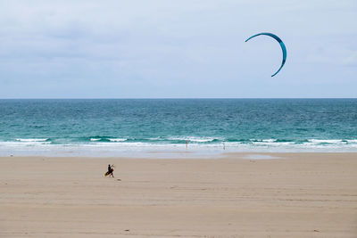 Man kiteboarding at beach against sky