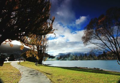 Scenic view of lake against cloudy sky