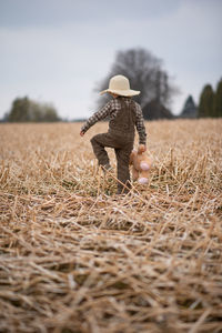 Back view of a boy walking in the field with a soft toy