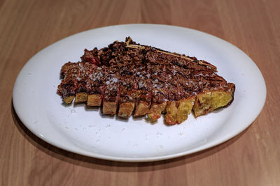 High angle view of food in plate on table