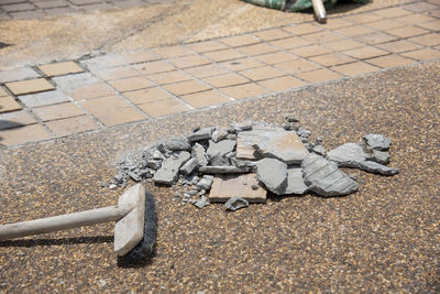 High angle view of stones on road