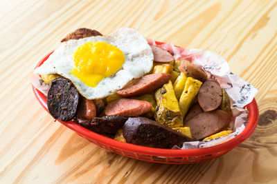 High angle view of breakfast served on table