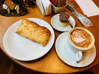 High angle view of breakfast served on table