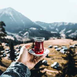 Midsection of person holding ice cream against mountains