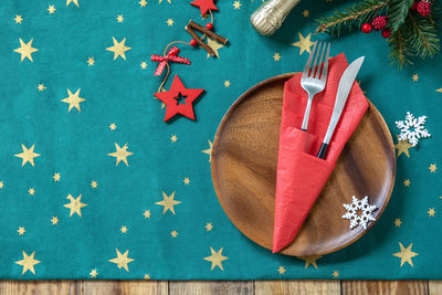 High angle view of christmas decoration on table