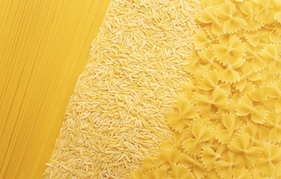 Background texture of dried risoni, orzo pasta, spaghetti, farfalle. italian cuisine. variety of