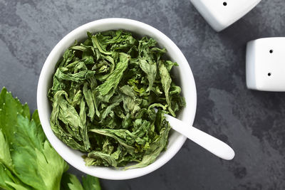 High angle view of salad in bowl on table