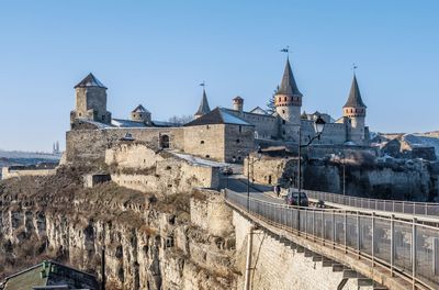 Panoramic view of the kamianets-podilskyi fortress on a sunny winter morning