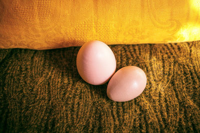 High angle view of eggs on table