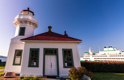 Low angle view of building against clear blue sky