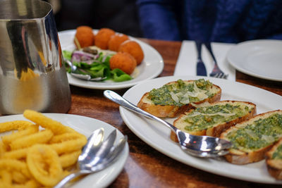 Close-up of food served on table