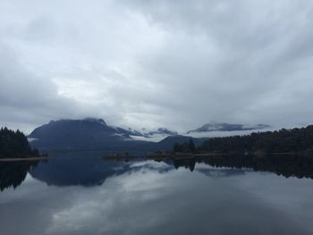 Scenic view of lake against cloudy sky