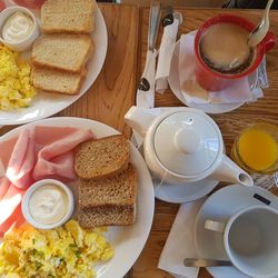 High angle view of breakfast on table