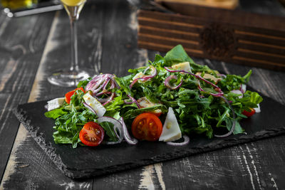Close-up of fruits served on table