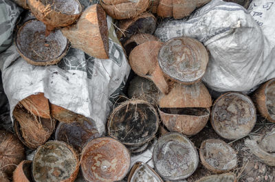 Coconut shells waiting to be processed