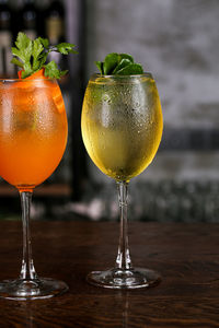 Close-up of cold drinks on table