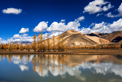 Reflection of trees in lake against cloudy sky