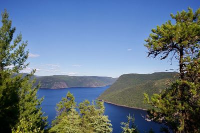 Scenic view of lake against clear blue sky