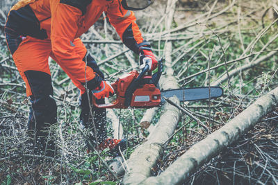 Man holding a chainsaw and cut trees. lumberjack at work. gardener working outdoor in the forest. 