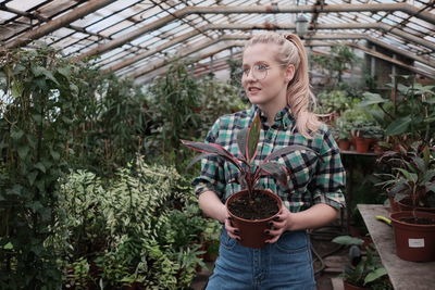 Young woman looking away while standing in greenhouse
