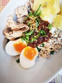 High angle view of breakfast served on table