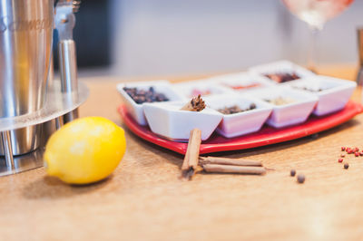 Close-up of spices in tray on table