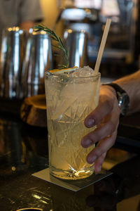 Close-up of beer glass on table