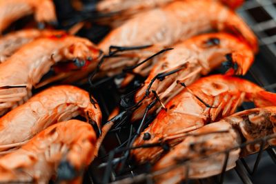 Close-up of seafood on barbecue grill