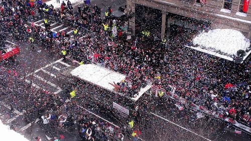 High angle view of people on street in city