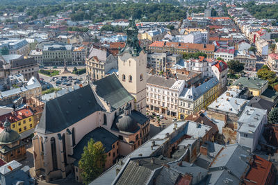 High angle view of buildings in city