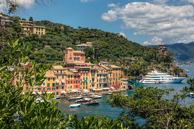 Overview of portofino seaside area with traditional colourful houses, harbour  area, liguria, italy