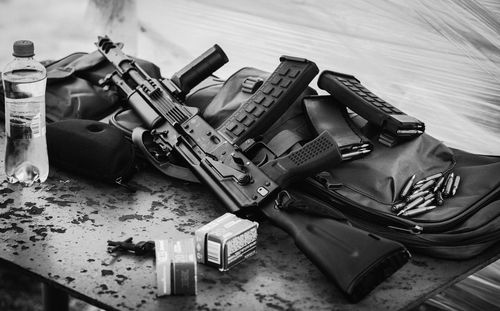 High angle view of objects on table