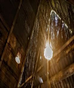 Low angle view of illuminated light bulb hanging on ceiling in building