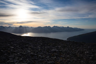 Scenic view of mountains against sky during sunset