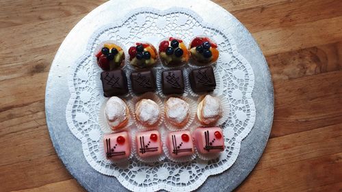 High angle view of cake in plate on table