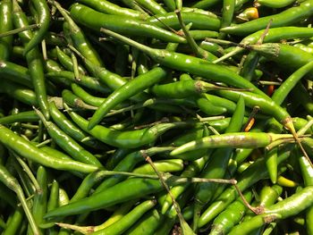 Full frame shot of green chili peppers at market
