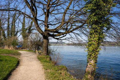 Footpath by lake against sky