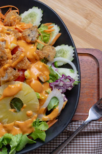 High angle view of meal served on table
