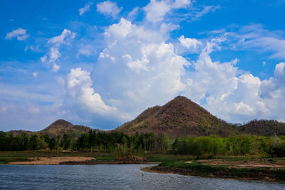 Scenic view of lake against cloudy sky