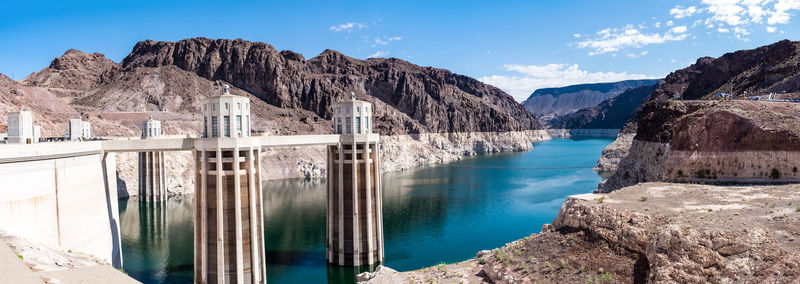 Panoramic view of hoover dam and mountains