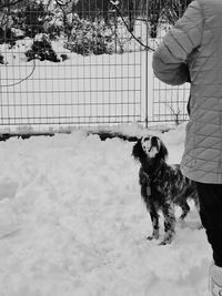 Man with dog on snow during winter