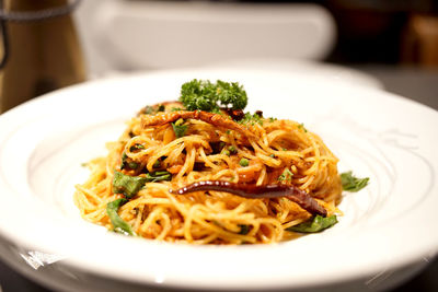 Close-up of noodles served in plate