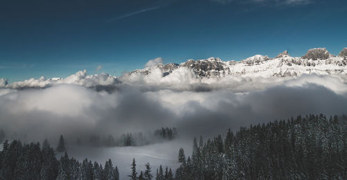 Scenic view of snow covered mountains against sky