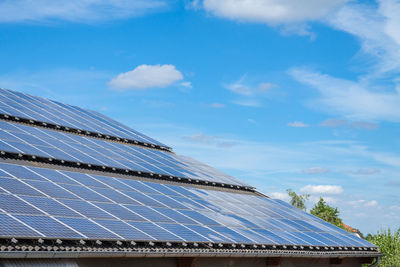 Low angle view of house roof against blue sky