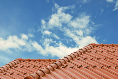 Low angle view of building roof against sky